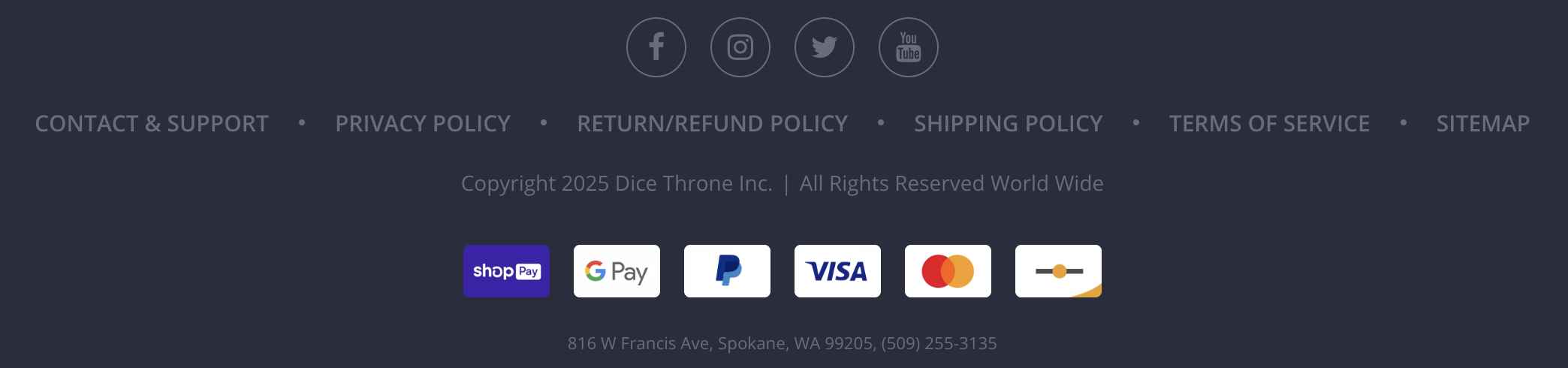 Contact, policy, copyright, payment, and address information.